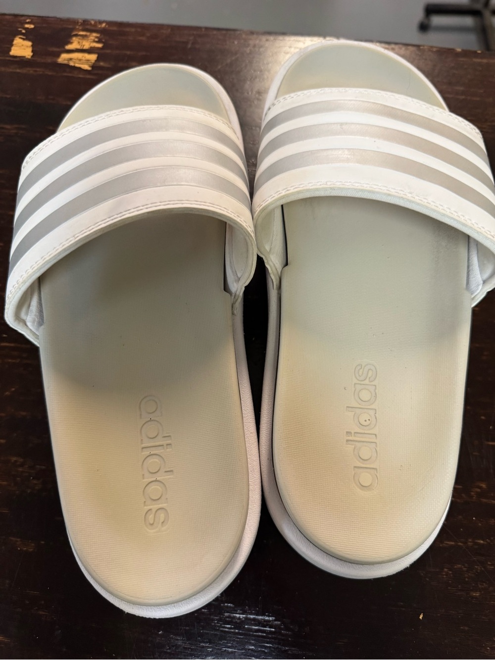 adidas White Platform Slide Sandals with Silver Stripes - Picture 3 of 7